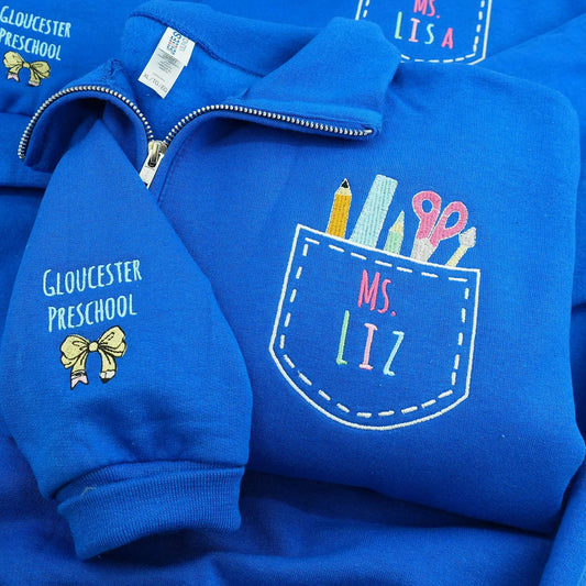 Personalized New Preschool Teacher Quarter Zip - Embroidered Name & School Supplies Pocket - First Time Teacher Gift for Her
