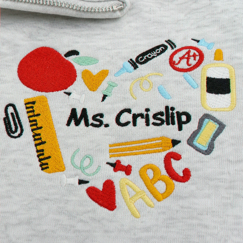 Personalized Back to School Teacher Quarter Zip for Girlfriend - Embroidered Name & School Elements Heart, Appreciation Gift