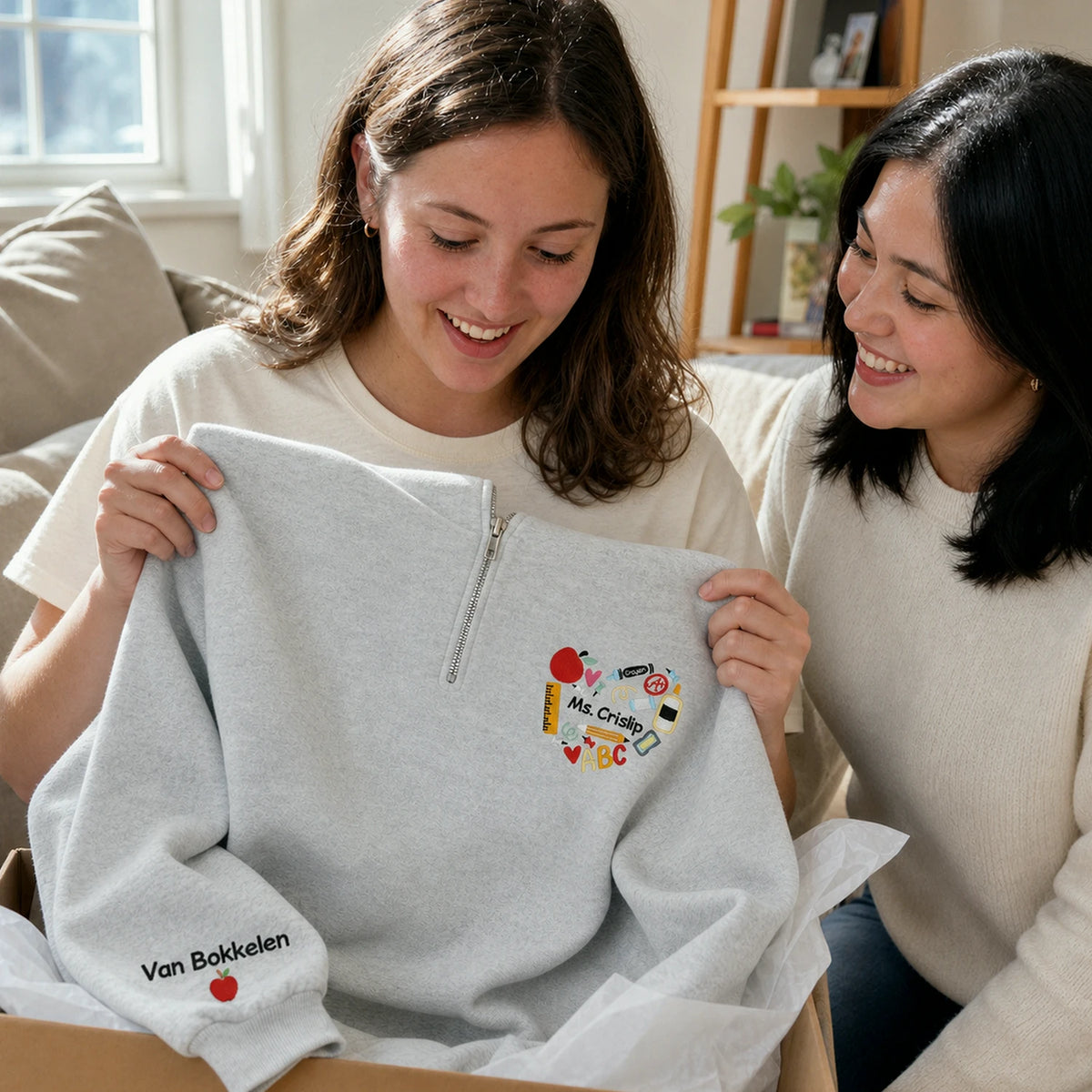 Personalized New Preschool Teacher Quarter Zip - Embroidered Name with Classroom Elements Heart - First Time Teacher Gift for Her
