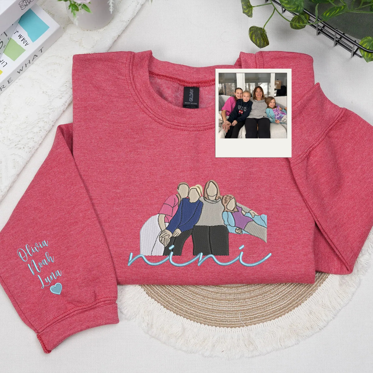 Custom Nini Photo Portrait Embroidered Sweatshirt Hoodie with with Grandkids' Names on Sleeve