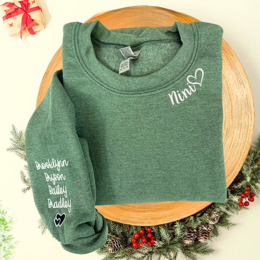 Nini Sweatshirt or Hoodie with Embroidered Child's Names on Sleeve