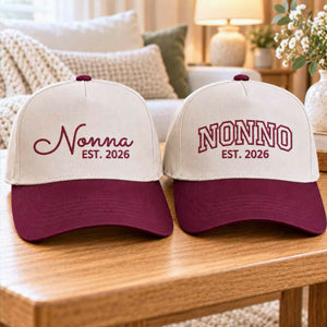 Custom embroidered Nonna and Nonno Est 2026 hats gift set for grandparents