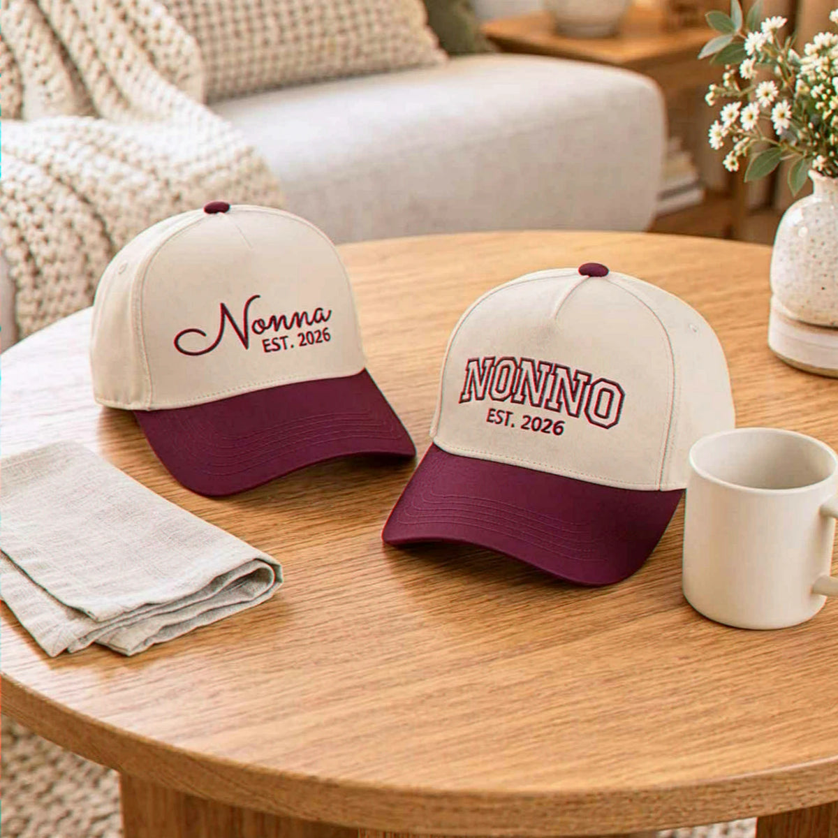 Matching Nonna and Nonno Snapback Hat, Embroidered Est Year Baseball Cap, Gift for New Grandma Grandpa