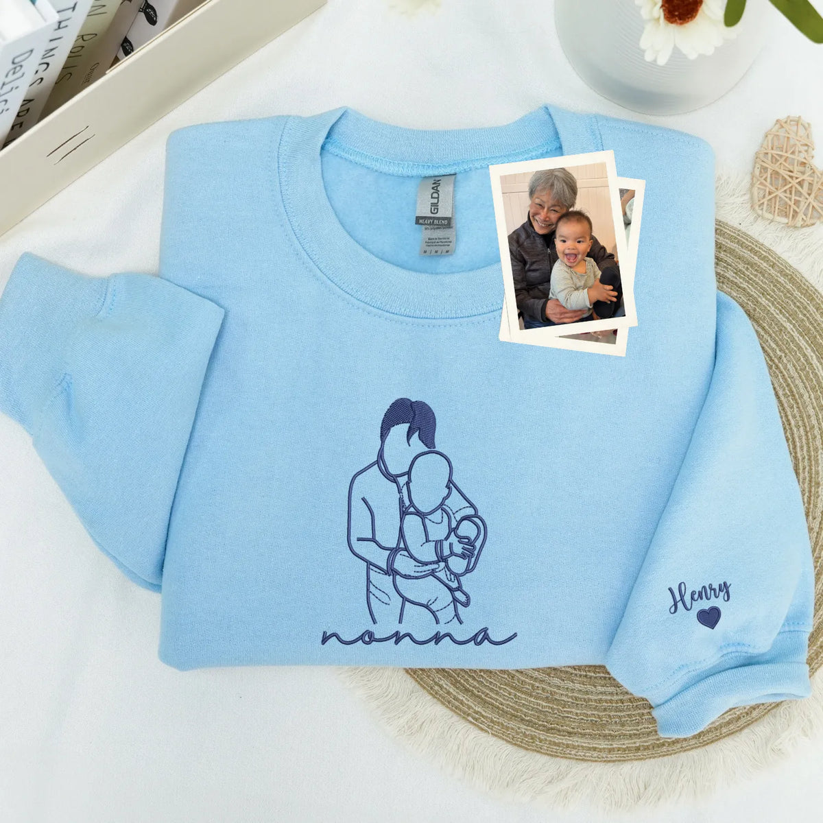 Custom Nonna Photo Line Art Embroidered Sweatshirt Hoodie - Personalized Mother's Day 2026 Gift for Gramdma