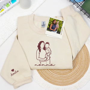 Custom Nonna Photo Line Art Embroidered Sweatshirt Hoodie - Personalized Mother's Day 2026 Gift for Gramdma