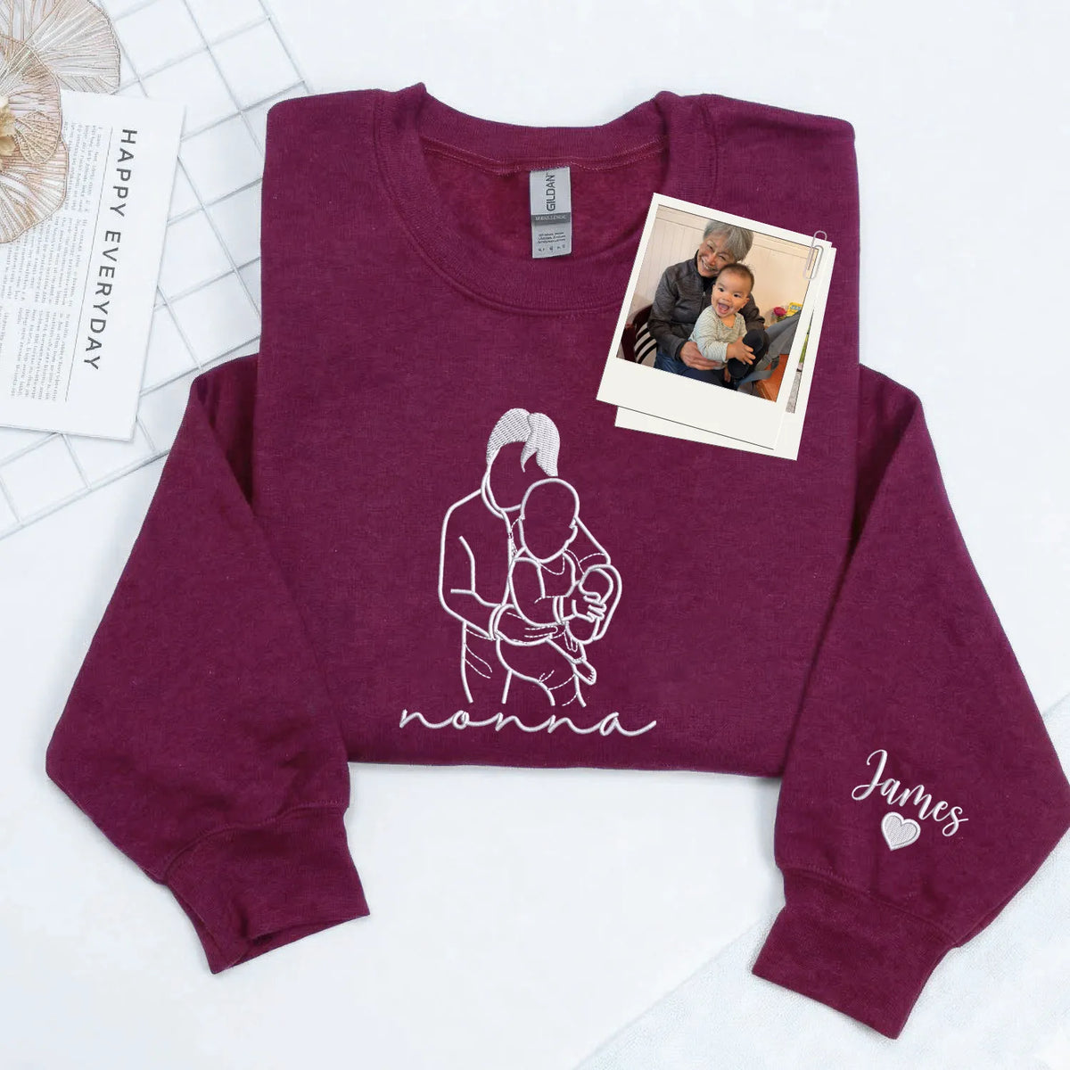 Custom Nonna Photo Line Art Embroidered Sweatshirt Hoodie - Personalized Mother's Day 2026 Gift for Gramdma
