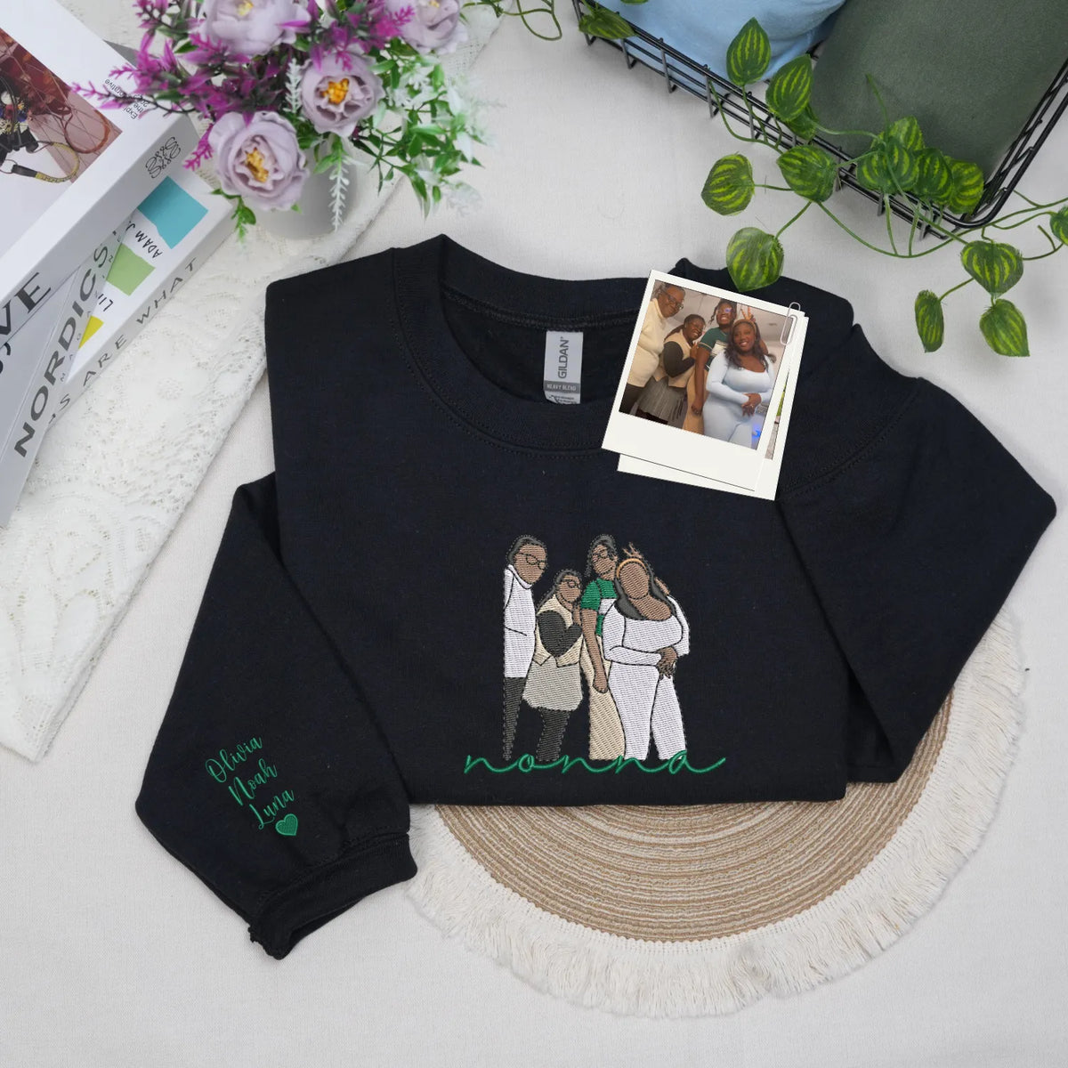 Custom Nonna Photo Portrait Embroidered Sweatshirt Hoodie with with Grandkids' Names on Sleeve