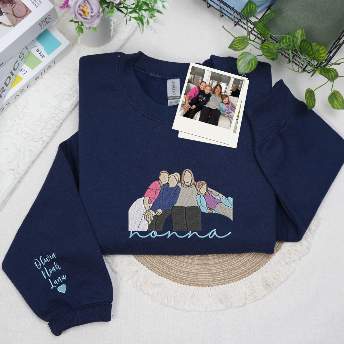 Custom Nonna Photo Portrait Embroidered Sweatshirt Hoodie with with Grandkids' Names on Sleeve
