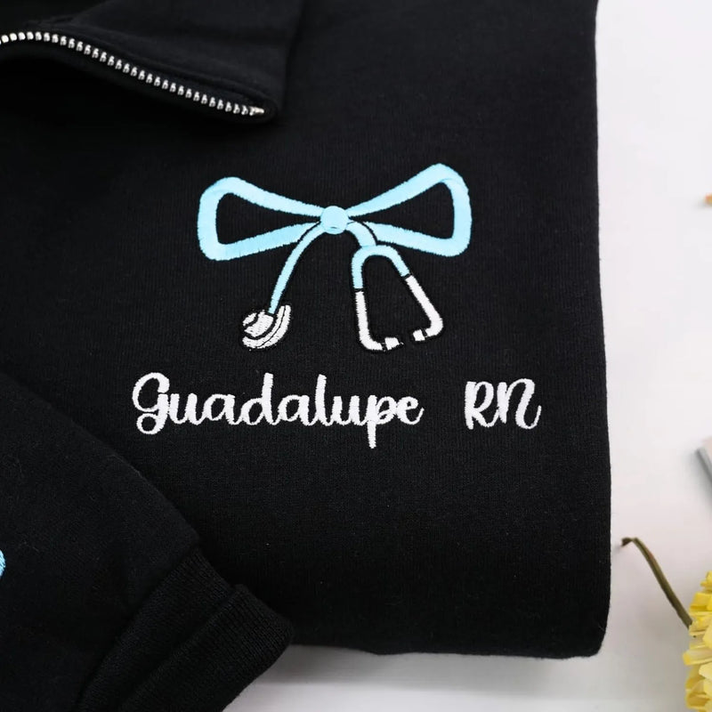 Personalized RN Gift Idea for Nurses Week, Custom Embroidered Title Nursing Quarter Zip Sweatshirt With Name