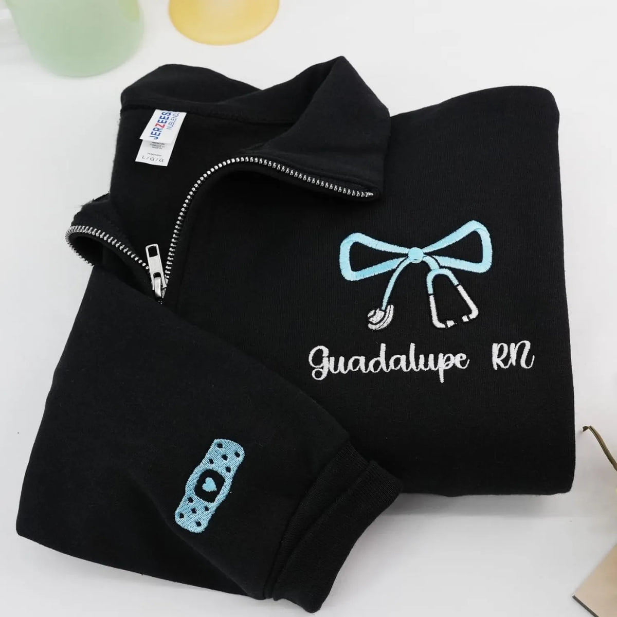 Personalized RN Gift Idea for Nurses Week, Custom Embroidered Title Nursing Quarter Zip Sweatshirt With Name