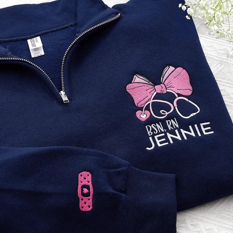Custom Credentials Nursing Quarter Zip, Personalized Embroidered Name & Title, RN BSN NP Nurse Week Gift