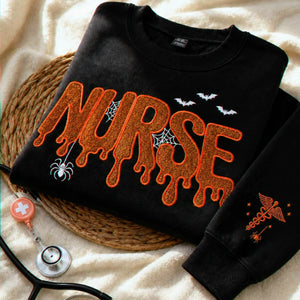 Nurse Halloween Glitter Applique Sweatshirt, Embroidered Spooky Nurse Crewneck, Fall Nursing Gift