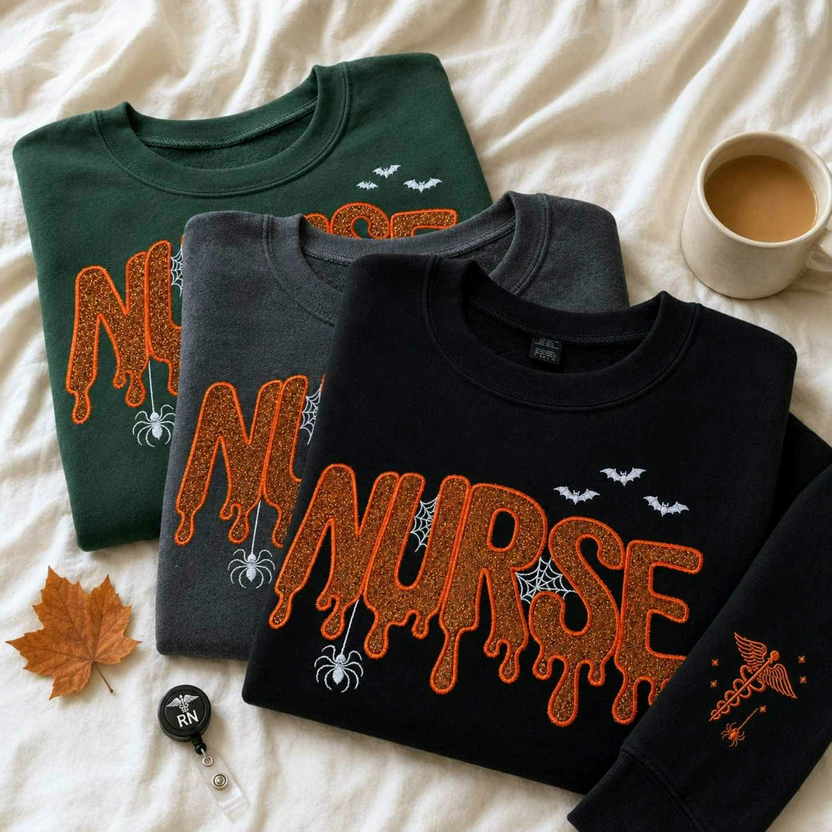 Nurse Halloween Glitter Applique Sweatshirt, Embroidered Spooky Nurse Crewneck, Fall Nursing Gift