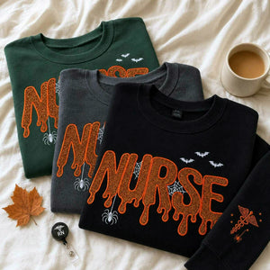 Nurse Halloween Glitter Applique Sweatshirt, Embroidered Spooky Nurse Crewneck, Fall Nursing Gift
