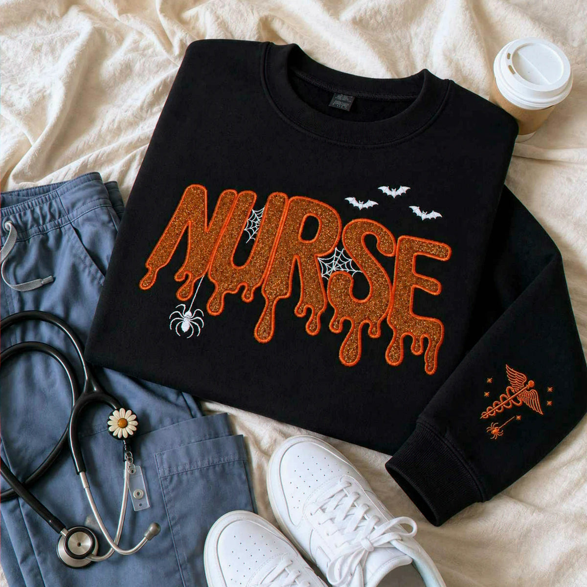 Nurse Halloween Glitter Applique Sweatshirt, Embroidered Spooky Nurse Crewneck, Fall Nursing Gift