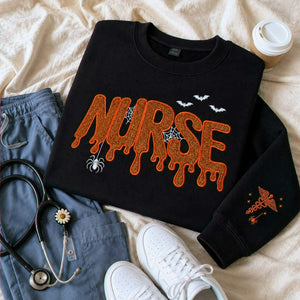 Nurse Halloween Glitter Applique Sweatshirt, Embroidered Spooky Nurse Crewneck, Fall Nursing Gift