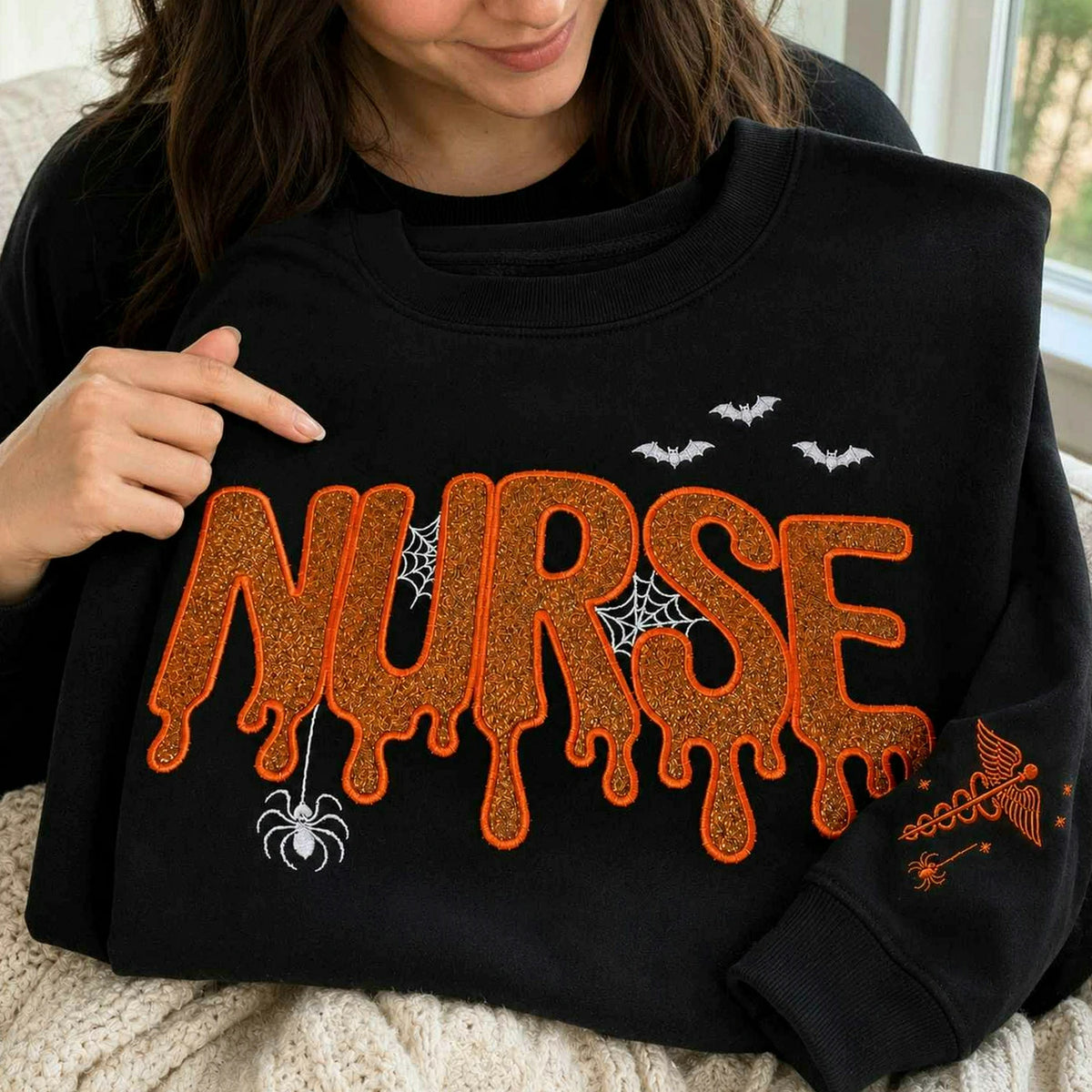 Nurse Halloween Glitter Applique Sweatshirt, Embroidered Spooky Nurse Crewneck, Fall Nursing Gift