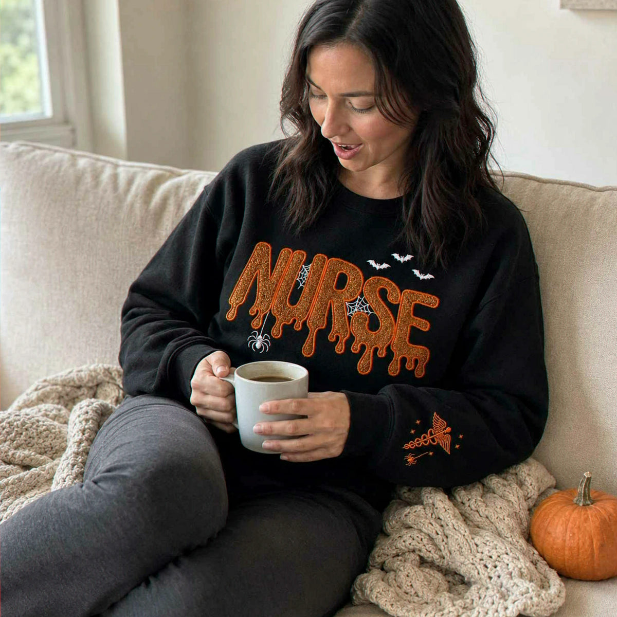 Nurse Halloween Glitter Applique Sweatshirt, Embroidered Spooky Nurse Crewneck, Fall Nursing Gift
