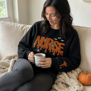 Nurse Halloween Glitter Applique Sweatshirt, Embroidered Spooky Nurse Crewneck, Fall Nursing Gift