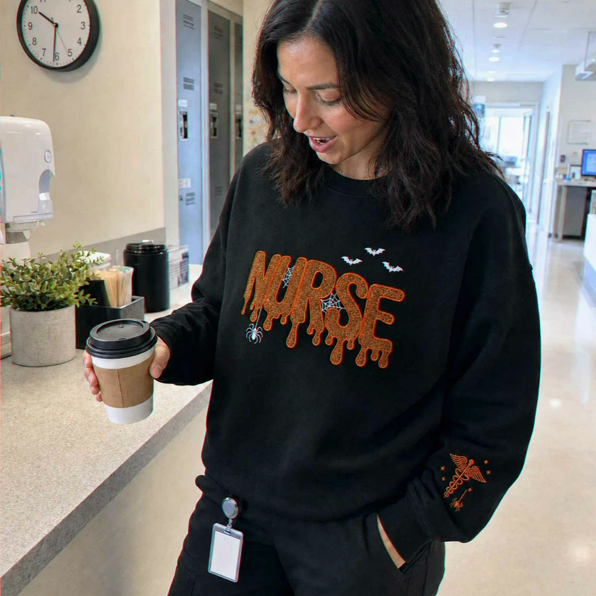 Nurse Halloween Glitter Applique Sweatshirt, Embroidered Spooky Nurse Crewneck, Fall Nursing Gift