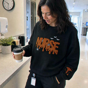 Nurse Halloween Glitter Applique Sweatshirt, Embroidered Spooky Nurse Crewneck, Fall Nursing Gift