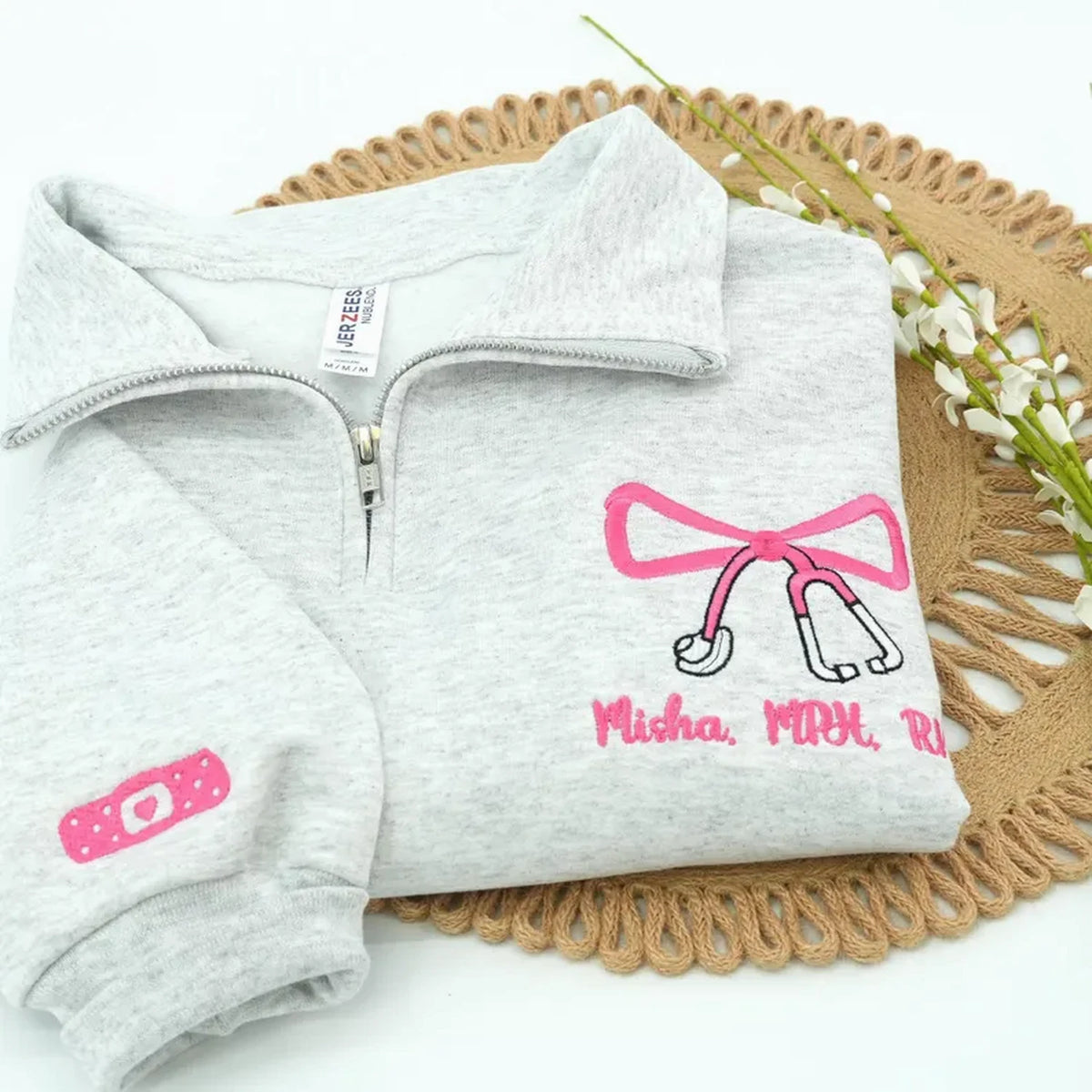 Personalized RN CNA BSN Gift - Custom Name & Title Quarter Zip - Nurse Week Embroidered Bow Pullover