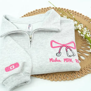 Personalized RN CNA BSN Gift - Custom Name & Title Quarter Zip - Nurse Week Embroidered Bow Pullover