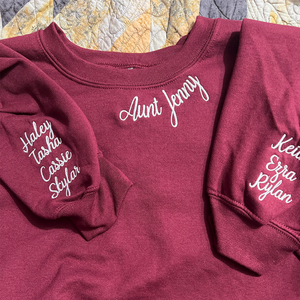 Custom Embroidered Auntie Sweatshirt with Children Names on Sleeve, Personalized Gift for Aunt or New Auntie Crewneck or Hoodie