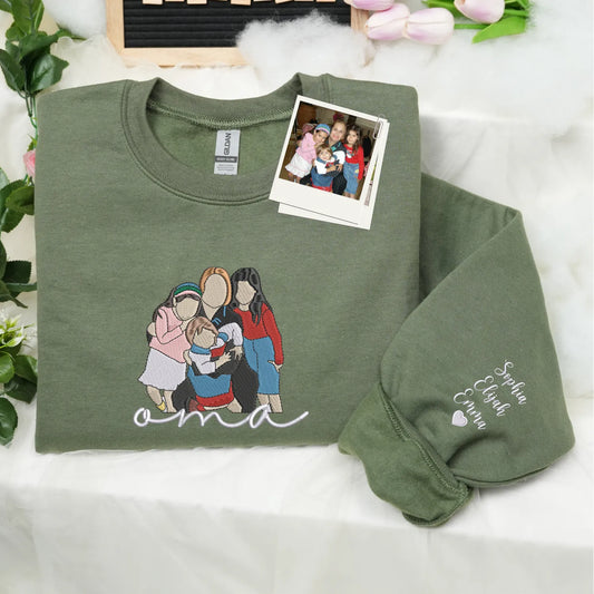Custom Oma Photo Portrait Embroidered Sweatshirt Hoodie with with Grandkids' Names on Sleeve