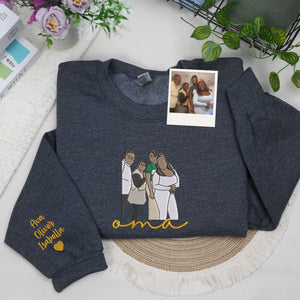 Custom Oma Photo Portrait Embroidered Sweatshirt Hoodie with with Grandkids' Names on Sleeve