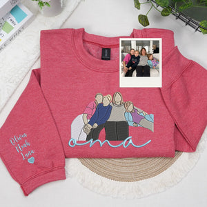 Custom Oma Photo Portrait Embroidered Sweatshirt Hoodie with with Grandkids' Names on Sleeve