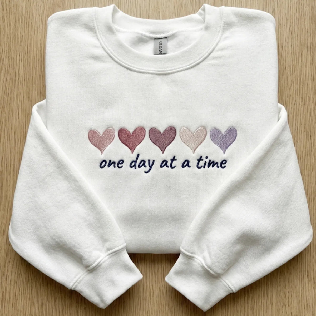 Mini Hearts Crewneck - Embroidered Valentine's Sweatshirt with One Day At a Time Message