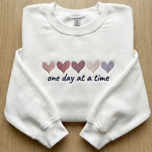 Mini Hearts Crewneck - Embroidered Valentine's Sweatshirt with One Day At a Time Message