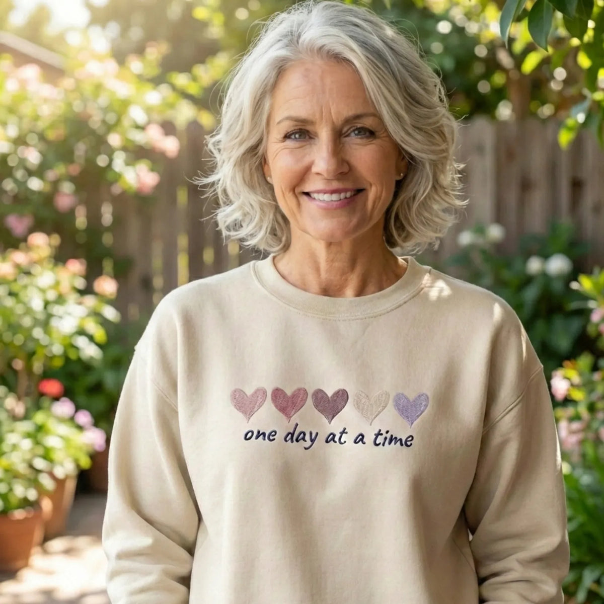 Mini Hearts Crewneck - Embroidered Valentine's Sweatshirt with One Day At a Time Message