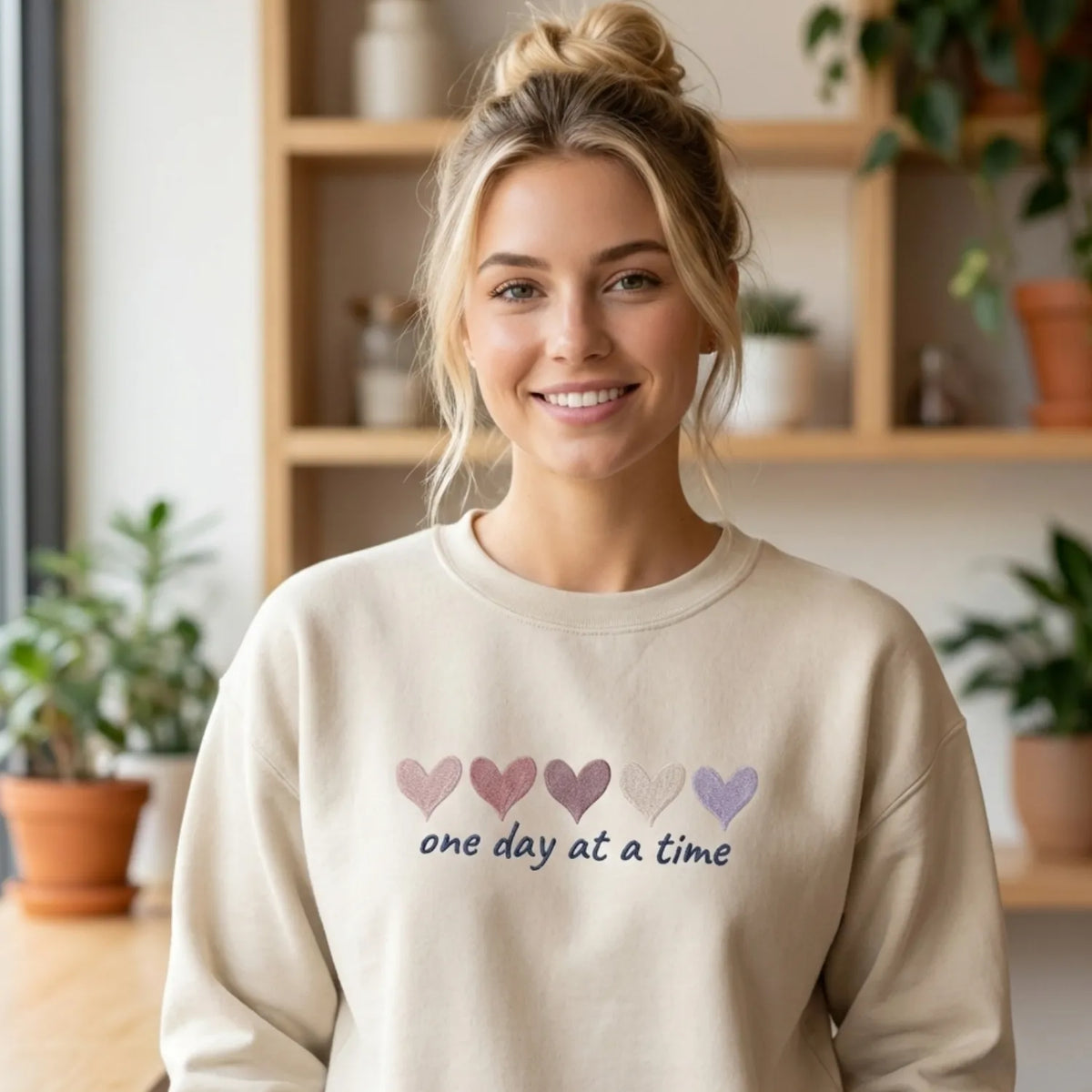 Mini Hearts Crewneck - Embroidered Valentine's Sweatshirt with One Day At a Time Message