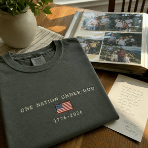 USA 250th Shirt Anniversary Christian Shirt, Embroidered Flag Comfort Colors Tee