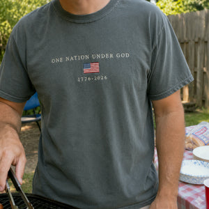 USA 250th Shirt Anniversary Christian Shirt, Embroidered Flag Comfort Colors Tee