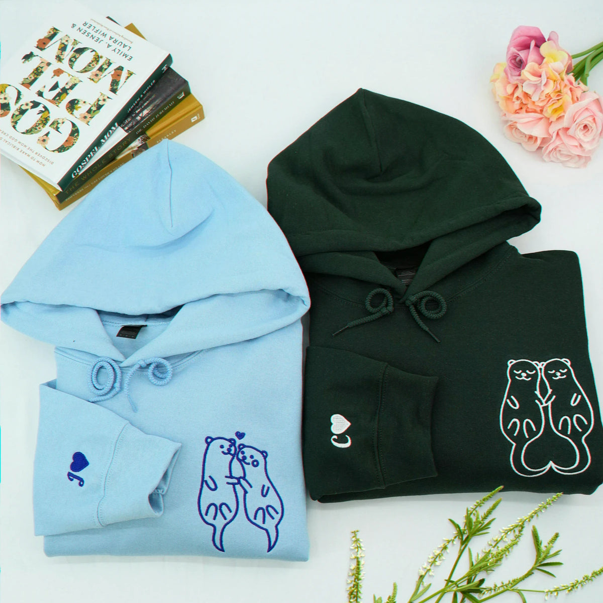 Light Blue Forest Green Otter Hoodie for Anniversary Gift