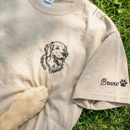 Custom Golden Retriever Outline T-Shirt - Minimalist Embroidered Pet Photo Line Art Tee & Name for Dog Parent
