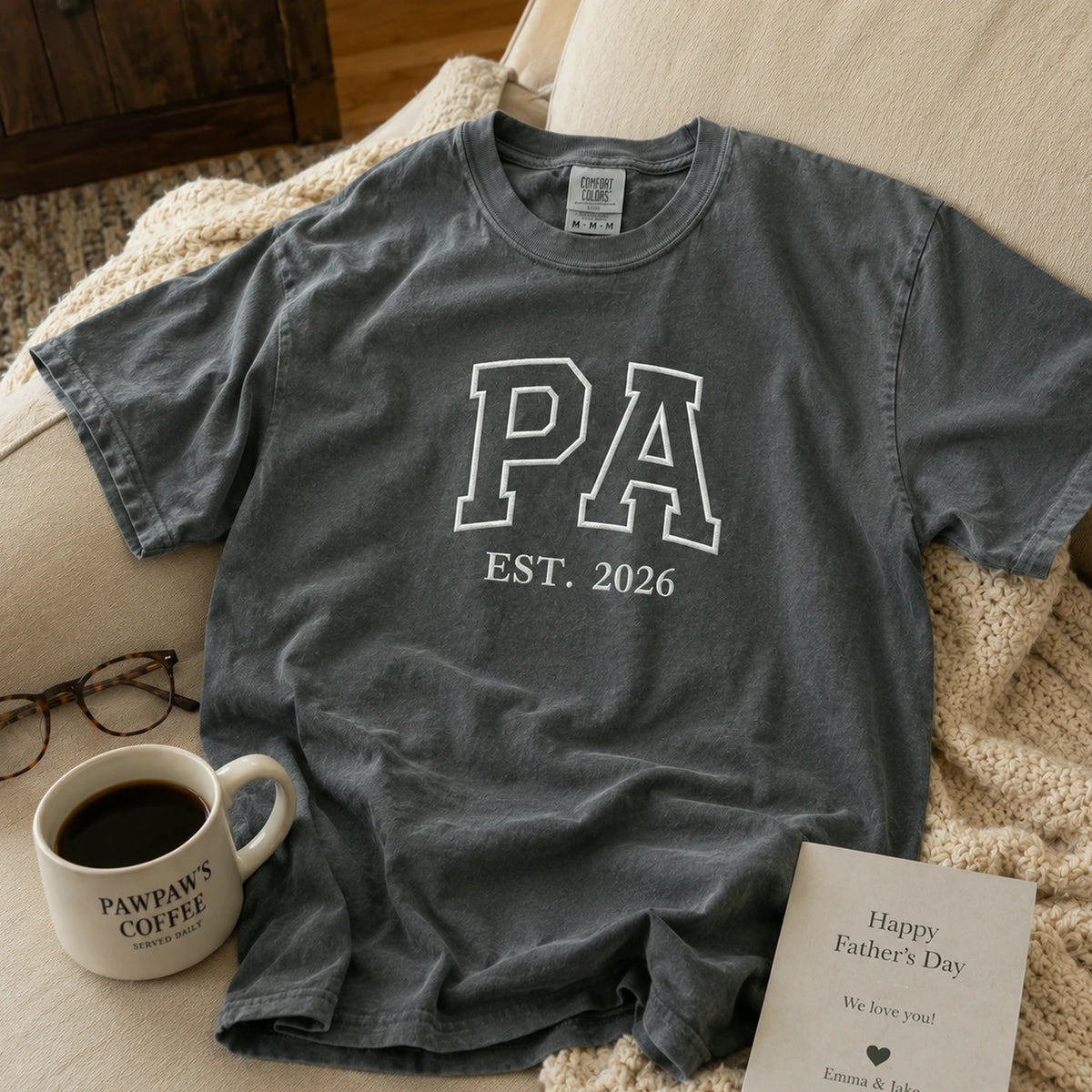 Embroidered Gift for Father, Dad, Dada with Personalized Pa Est T-Shirt or Sweatshirt and Kid Name on Sleeve