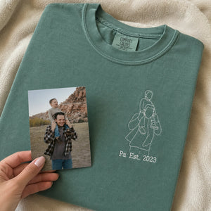 Personalized Pa Photo Line Art T-Shirt or Sweatshirt for Dad, Embroidered Father's Day Gift