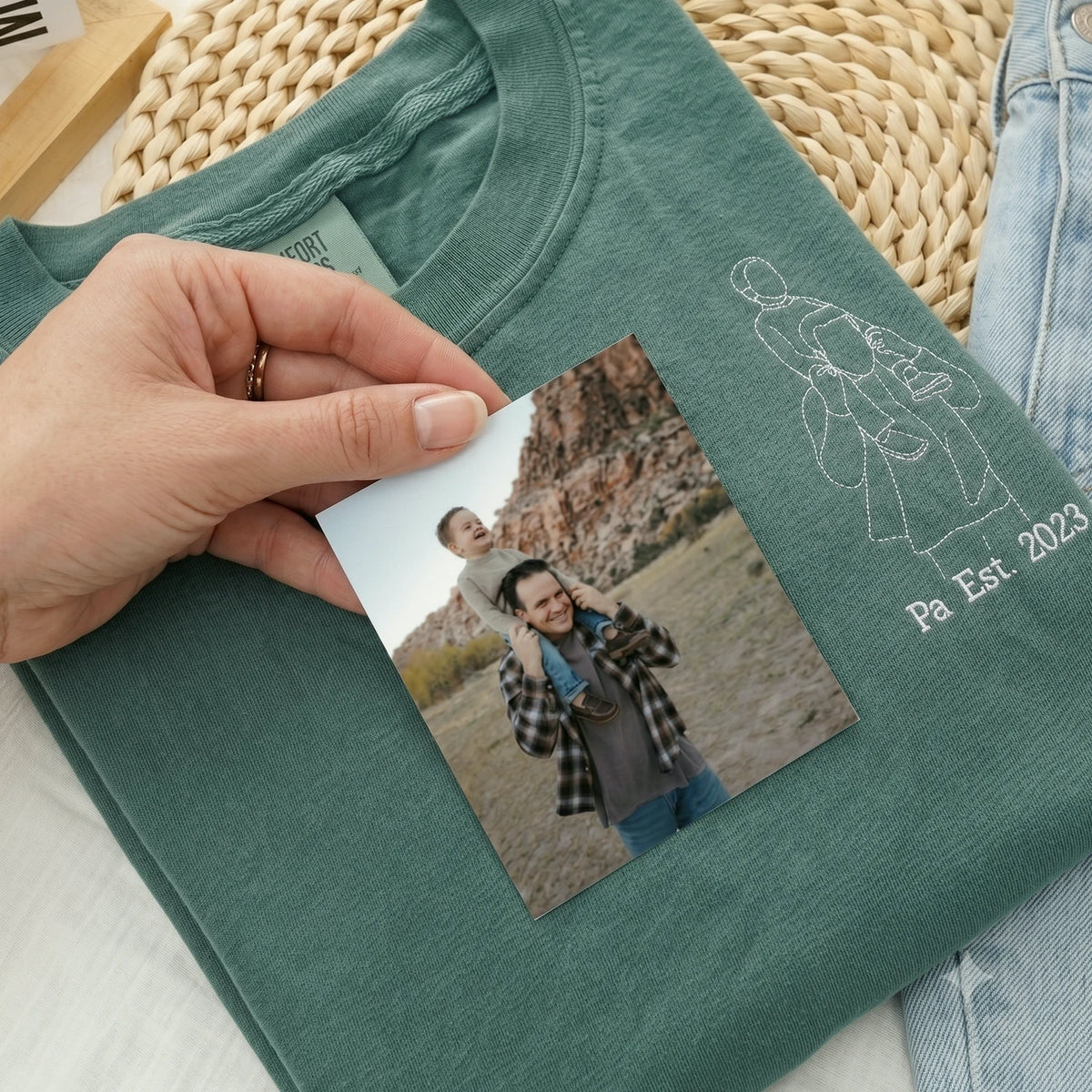 Personalized Pa Photo Line Art T-Shirt or Sweatshirt for Dad, Embroidered Father's Day Gift