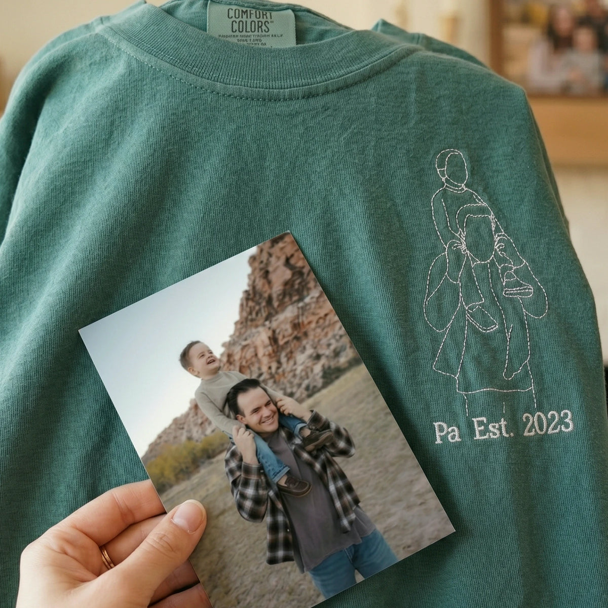 Personalized Pa Photo Line Art T-Shirt or Sweatshirt for Dad, Embroidered Father's Day Gift