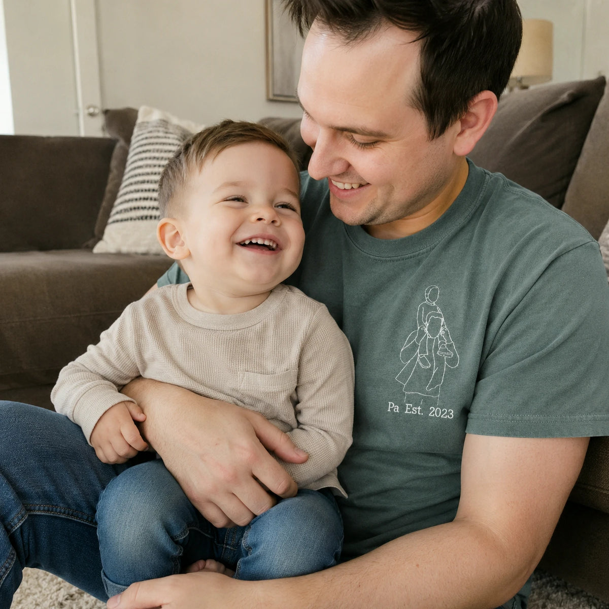 Personalized Pa Photo Line Art T-Shirt or Sweatshirt for Dad, Embroidered Father's Day Gift