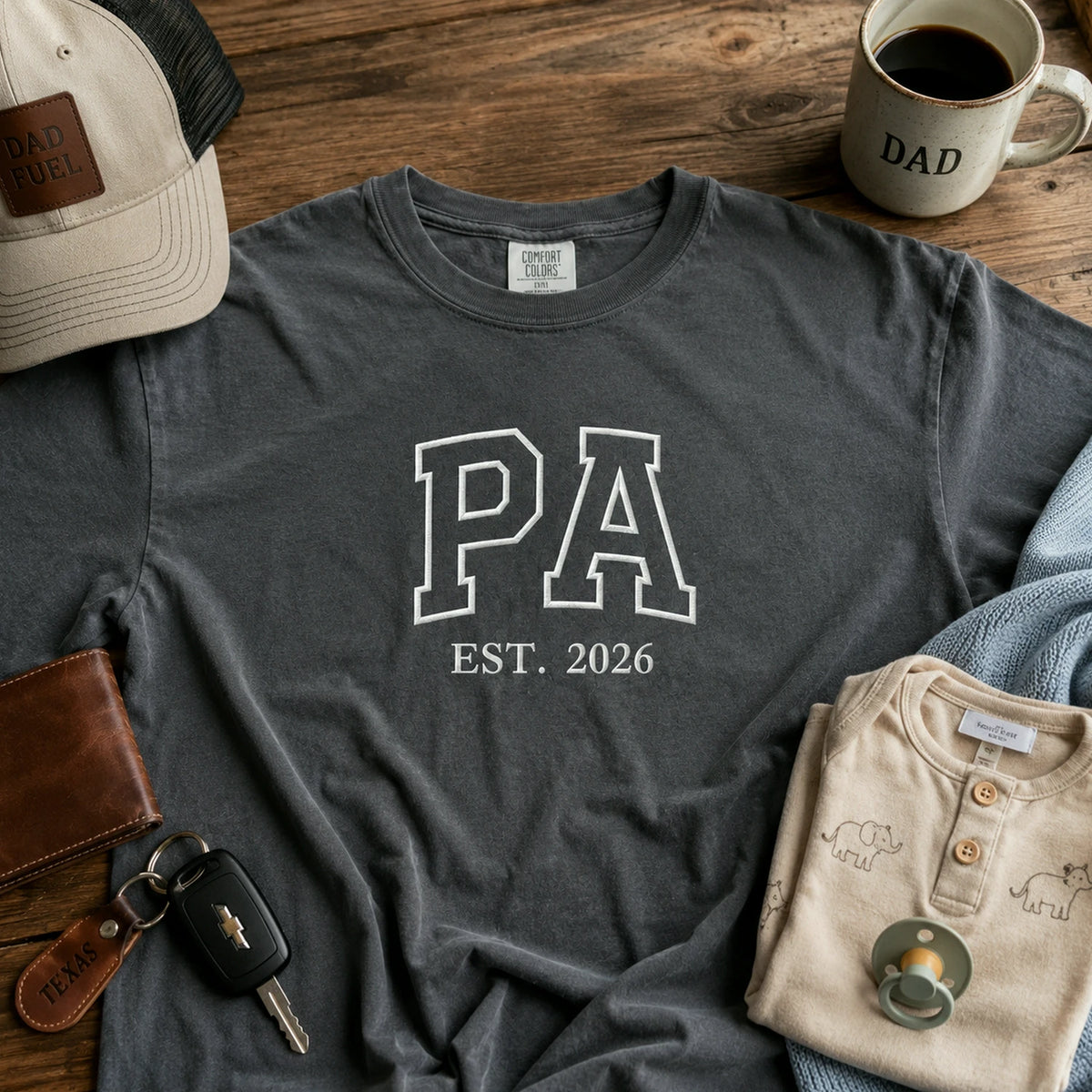 Embroidered Gift for Father, Dad, Dada with Personalized Pa Est T-Shirt or Sweatshirt and Kid Name on Sleeve