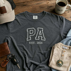Embroidered Gift for Father, Dad, Dada with Personalized Pa Est T-Shirt or Sweatshirt and Kid Name on Sleeve