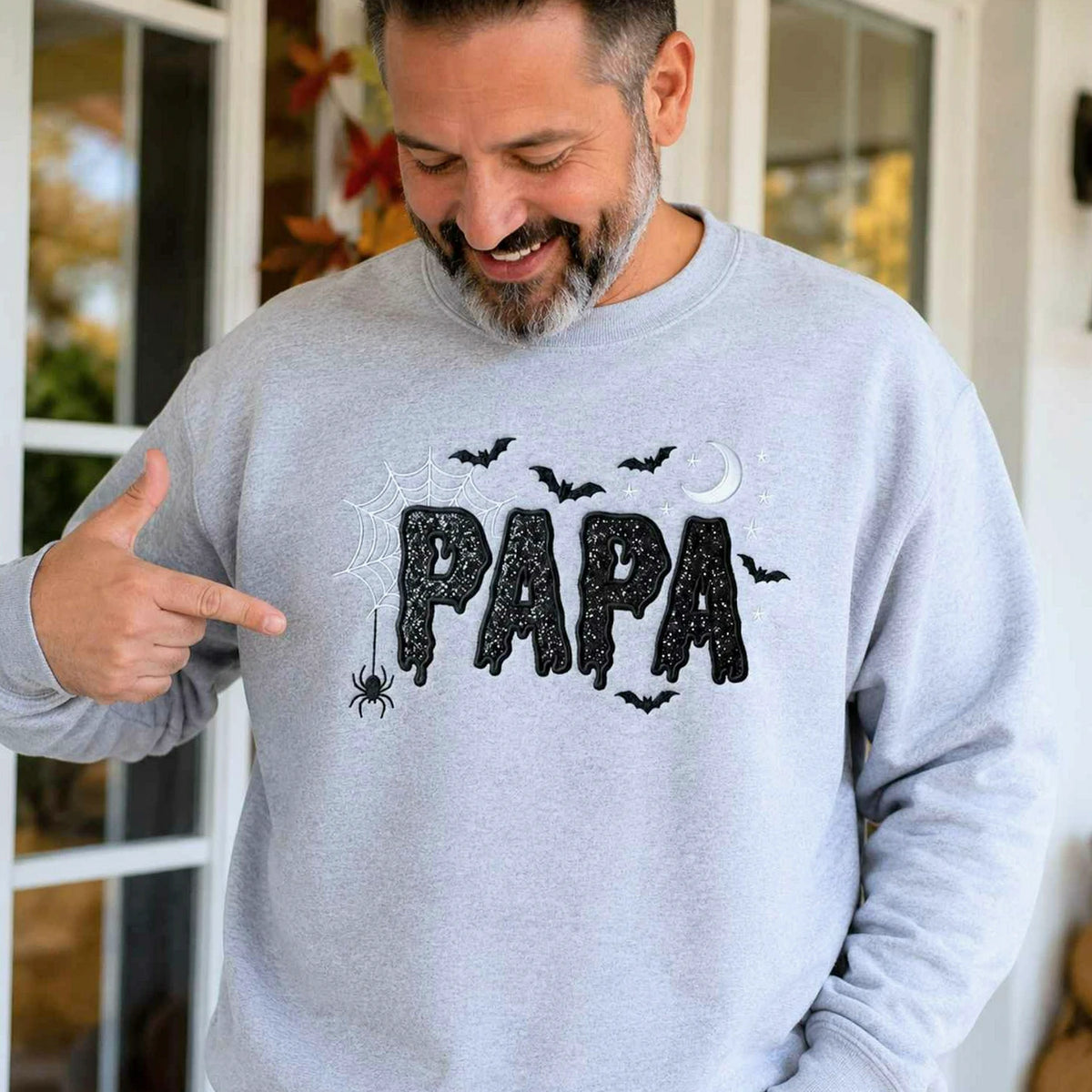 Papa Glitter Applique Halloween Sweatshirt, Spooky Papa Embroidered Crewneck, Fall Gift