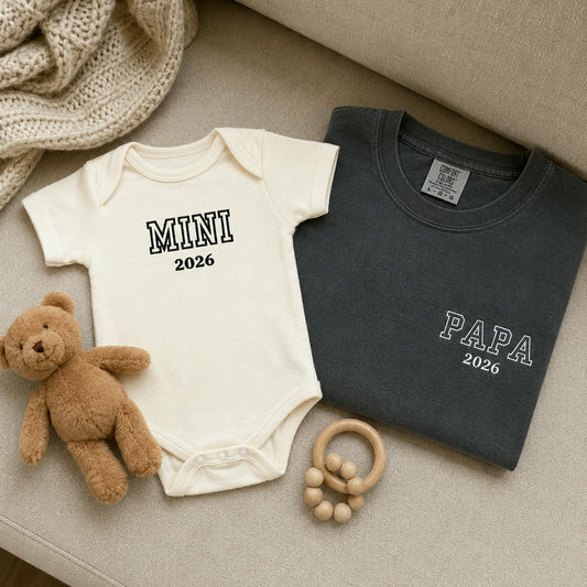 Papa and Mini Matching T-Shirt, Baby Onesie or Set - Embroidered Embroidered First Father’s Day Gift for New Dad