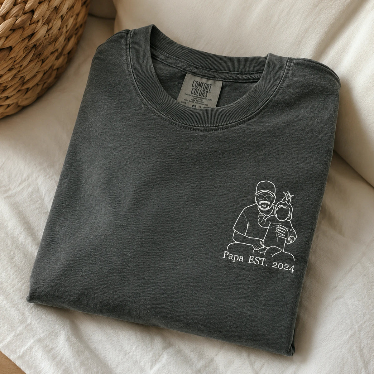 Personalized Papa Photo Line Art T-Shirt with Embroidered Outline Gift for Father's Day, Gift from Wife