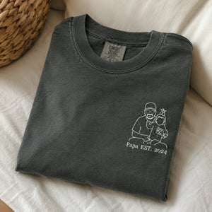 Personalized Papa Photo Line Art T-Shirt with Embroidered Outline Gift for Father's Day, Gift from Wife